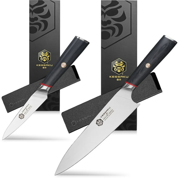 Kessaku 8-Inch Chef and 4-Inch Paring - Spectre Series Knife Set - Forged High Carbon Japanese AUS-8 Stainless Steel - Pakkawood Handle with Blade Guards