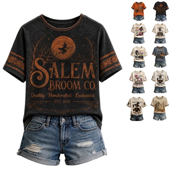Clossjun Women's Vintage Halloween Shirts Skeleton Print Short Sleeve Fall Wear T-Shirts for Party Streetwear L