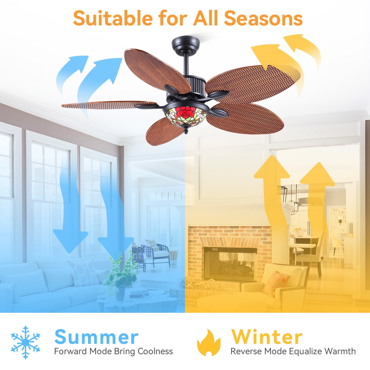BayDay 48 Inch Tropical Ceiling Fan with Lights & Remote Control, APP Operable, 6 Speeds, Dimmable LED, Reversible Palm Leaf Fan for Bedroom, Living Room, Patio, Porch, Modern Black