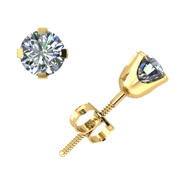 0.75Ct Round Cut Diamond Stud Earrings 14k Yellow Gold 4Prong Set ScrewBack E VS1