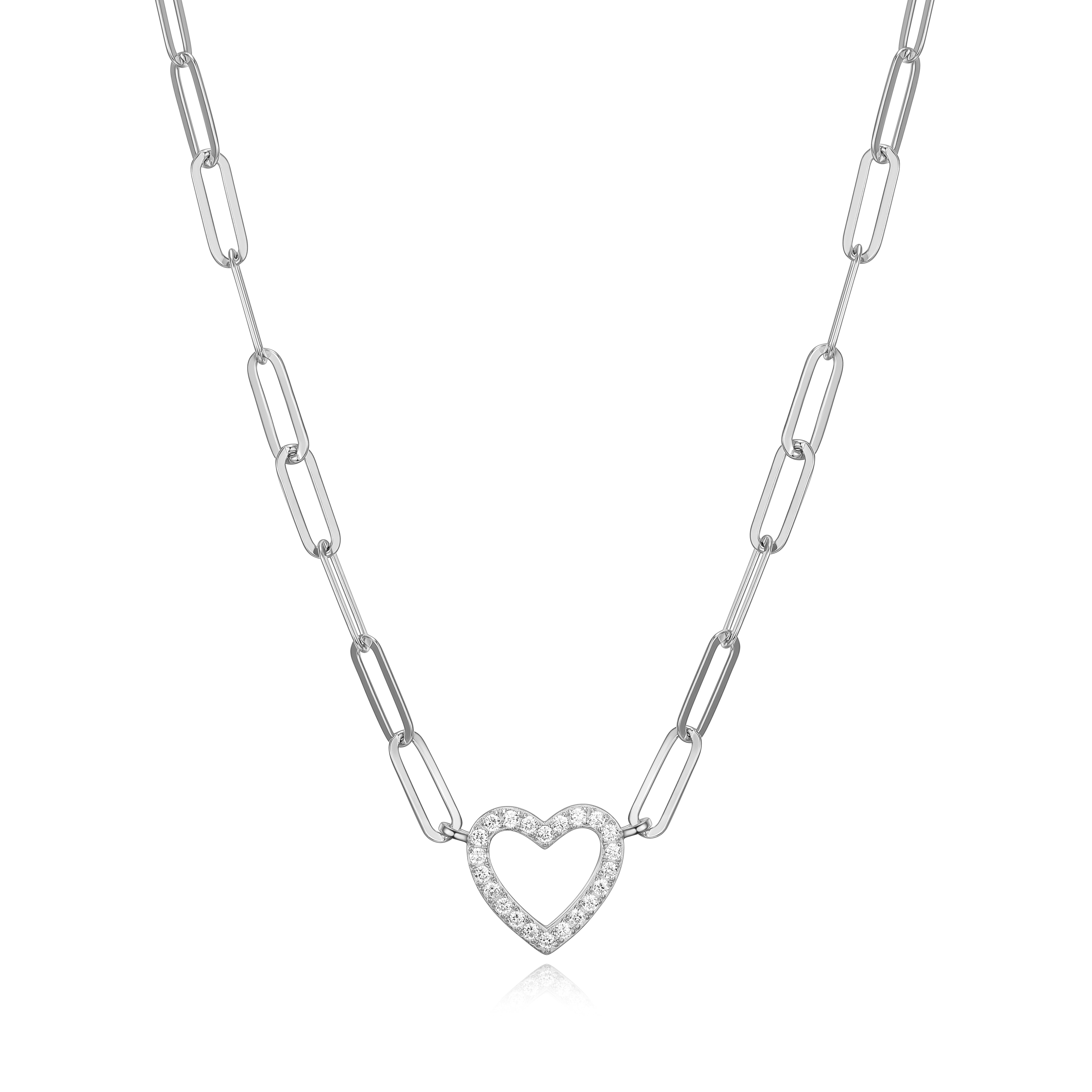 Forever Facets Cubic Zirconia Heart Paperclip 18” Necklace in Sterling Silver, Adult Female