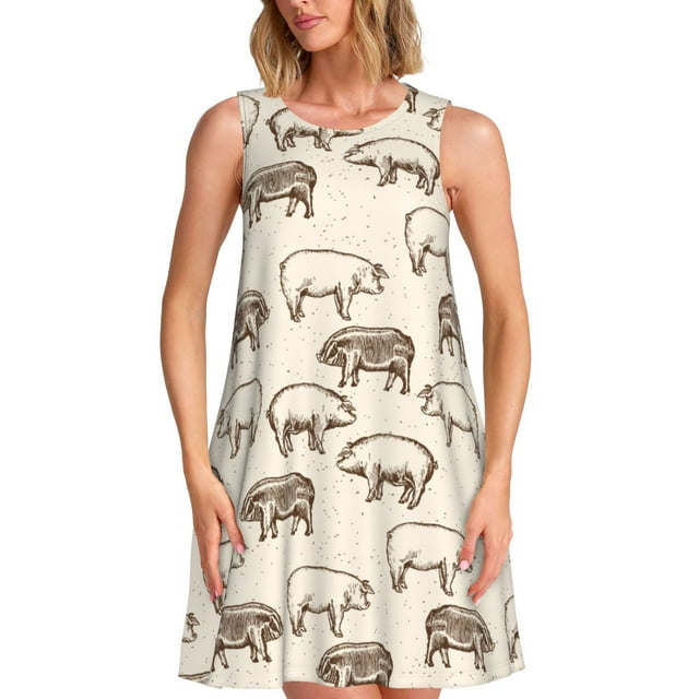 Fotbe Vintage Farm Pigs Vestido de Verano sin Mangas para Mujer – Vestido Midi Línea A, Estilo Camiseta Floral, Vestido Playero Casual y Fluido