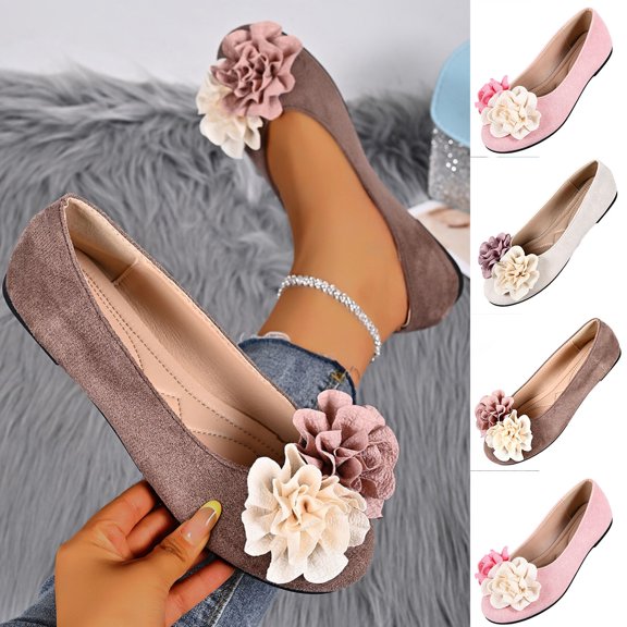 Viluyesy Womens Ballet Flats Round Toe Faux Suede Flower Slip On Cushioned Lightweight Dressy Wedding Comfort Flat Shoes Gray Size US9