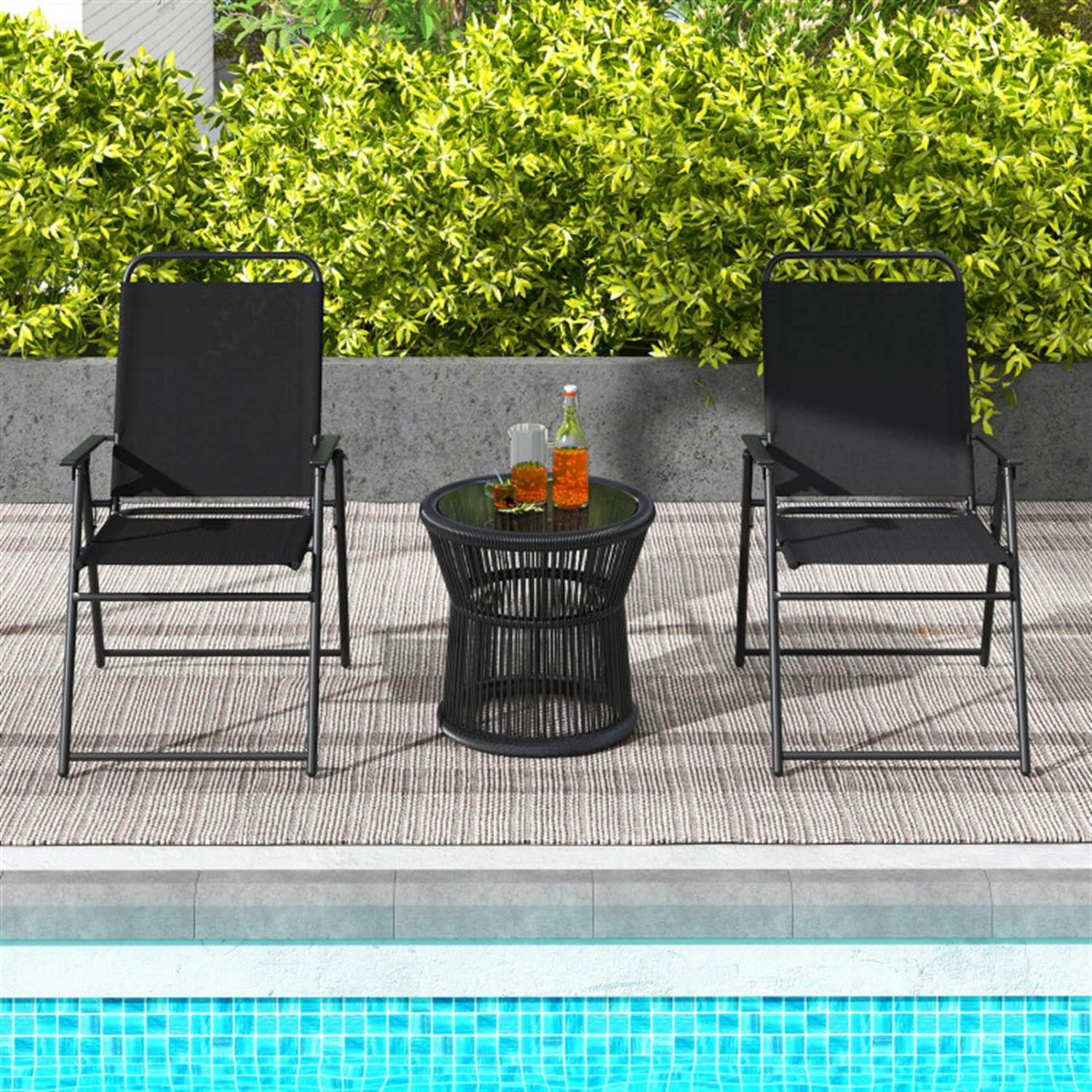 Demi Bonn Outdoor Folding Sling Chairs Set of 4 with Armrest and Backrest, Outdoor Accent Furniture Lounge Chairs for Yard, Garden, Patio, Black