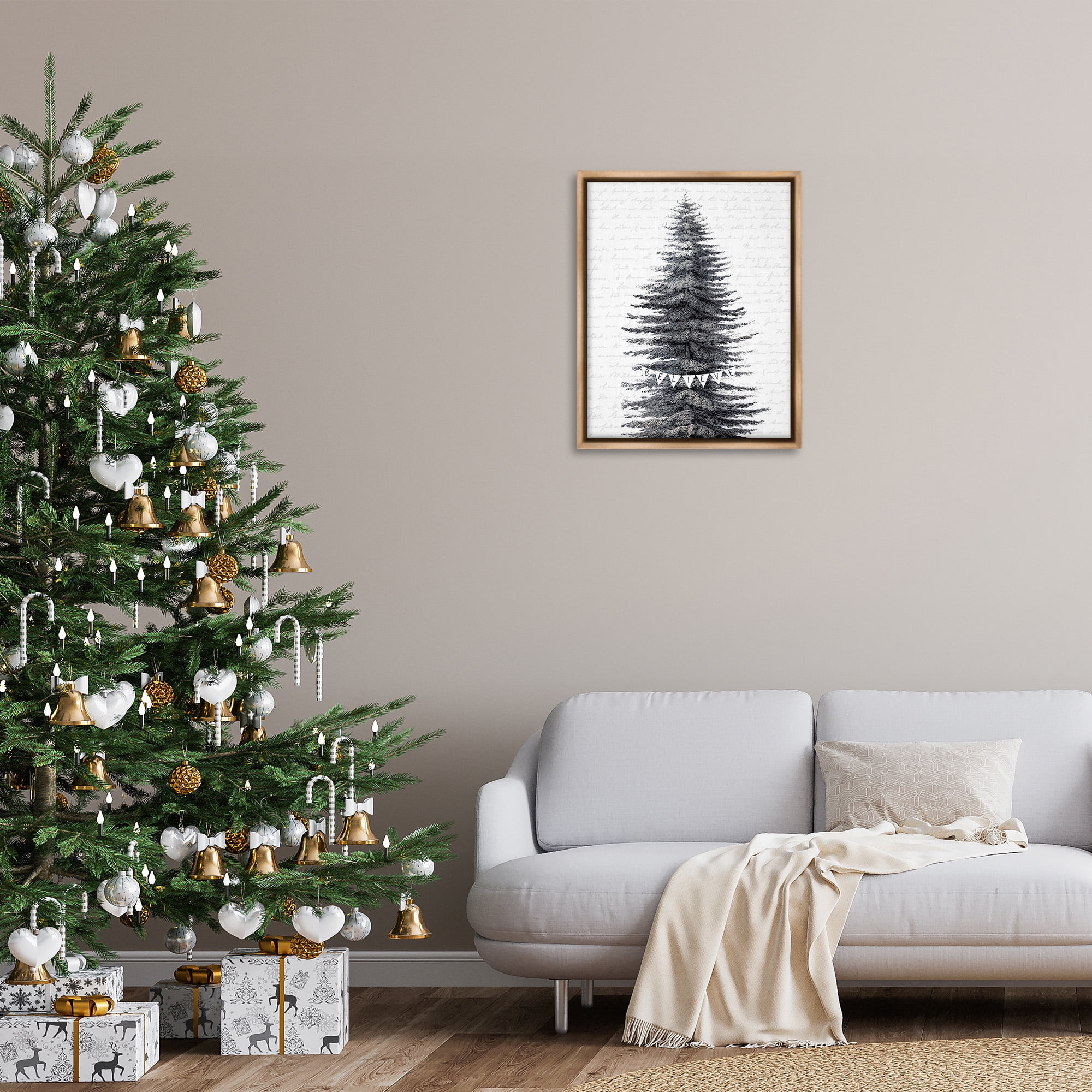 Stupell Industries Snow Dusted Christmas Tree Holiday Painting Brown Floater Framed Canvas Art Print Wall Art, 25 x 31