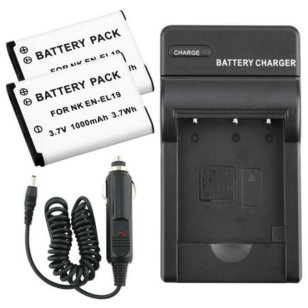 Insten EN-EL19 EN-EL19 Car/AC Wall Charger + 2PK Battery For Nikon CoolPix S4100 S3300 S4300 S5200 S6400 S6600 S6800 (3-in-1 Accessory Bundle)