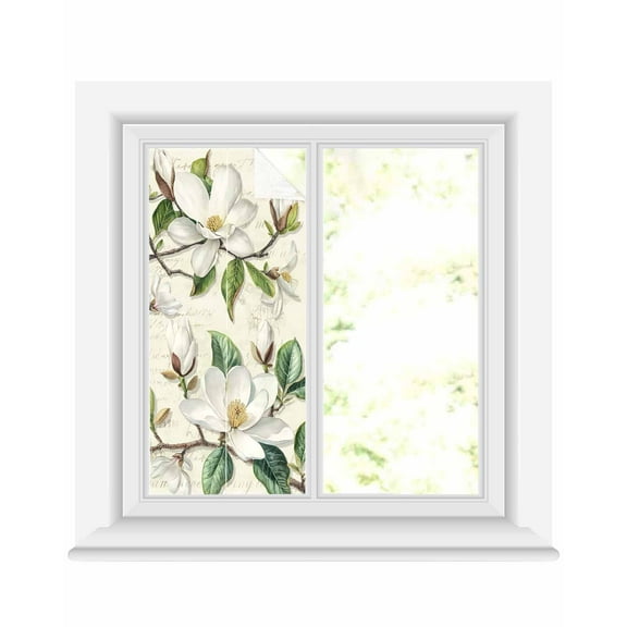 Window Privacy Film Botanical Floral Stained Glass Window Film Decorative Sun Block Window Cover Retro Country Magnolia Flowers Leaves Window Clings Static Adhesive Sticker for Bathroom 19.6"x39.3"