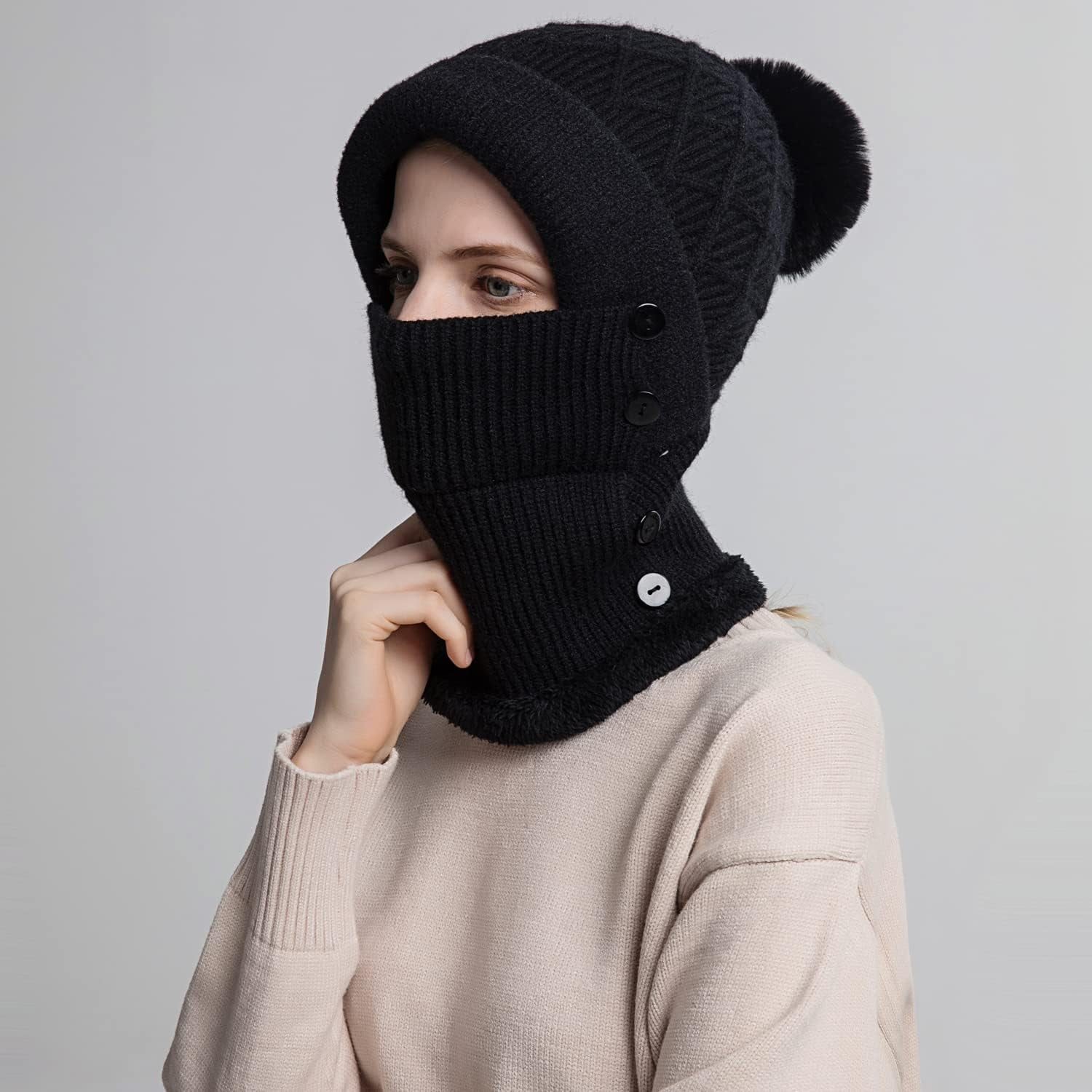 Zhengup Women Winter Beanie Hats One Piece Fleece Lined Knit Balaclavas Mask Set Skull Neck Circle Scarf Ski Snow Hat Pompom