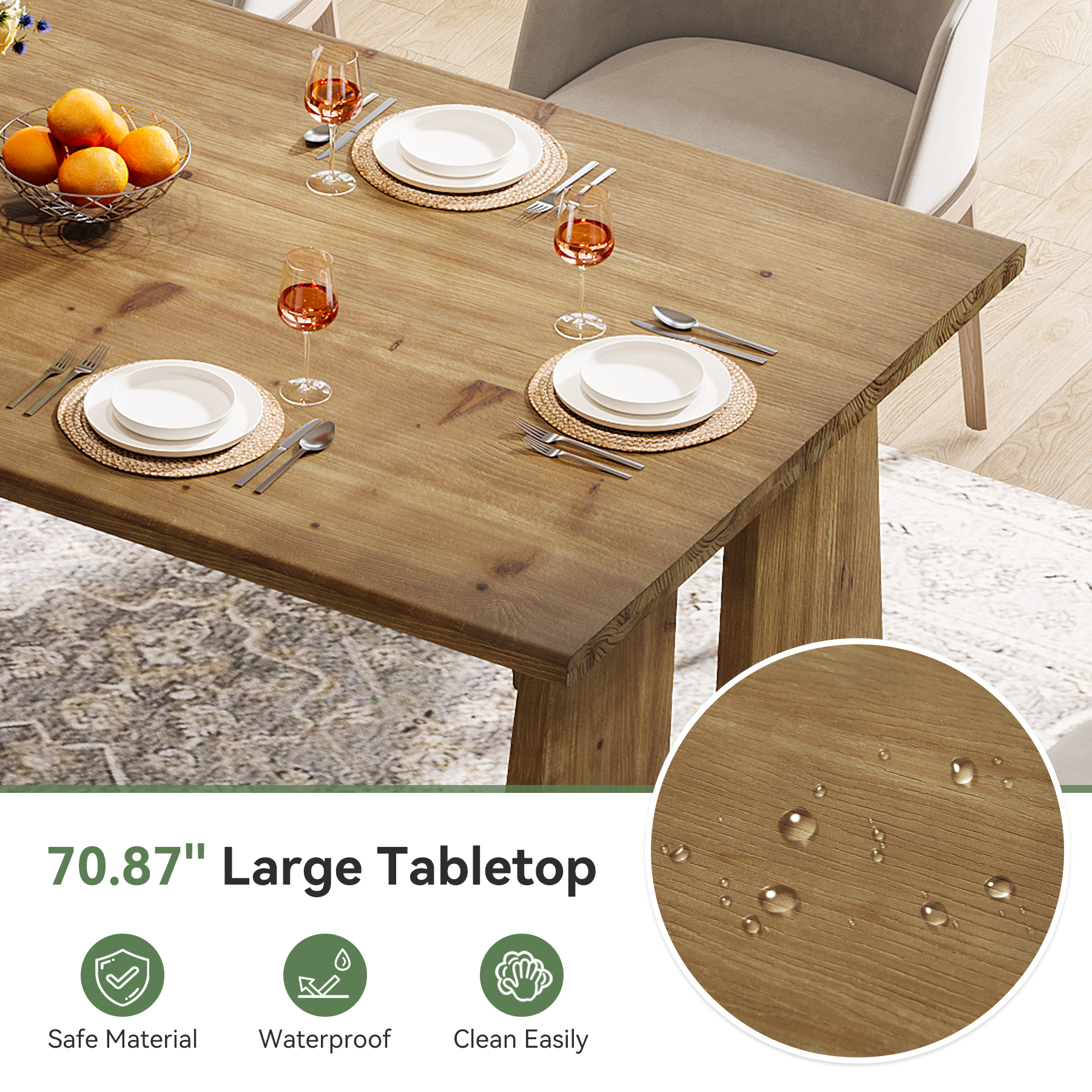 Finmind 70.87" Solid Wood Dining Table for 6-8, Farmhouse Kitchen Table with Sturdy Legs, Rectangle Dinner Furniture for Kitchen, Living Room, Brown
