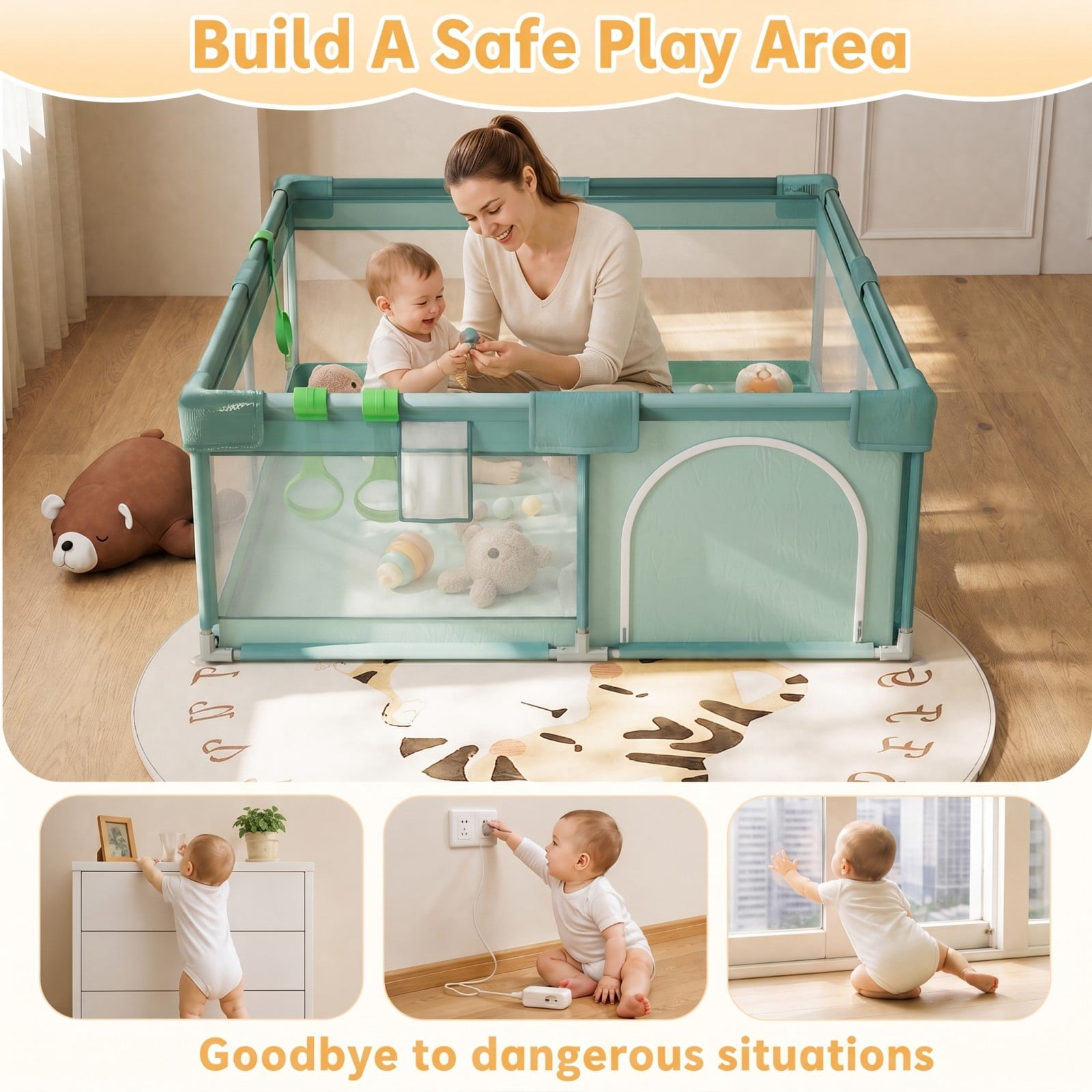 BEAUTYPEAK 48"x48" Large Baby Playpen Toddler Play Yard Fence for Boys and Girls, Pale Green