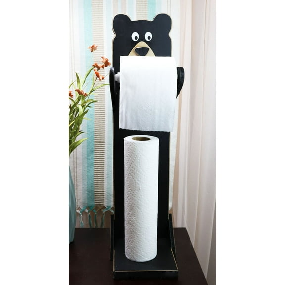 Whimsical Kids Rustic Black Bear Cub Toilet Paper Holder Floor Stand W/ Storage