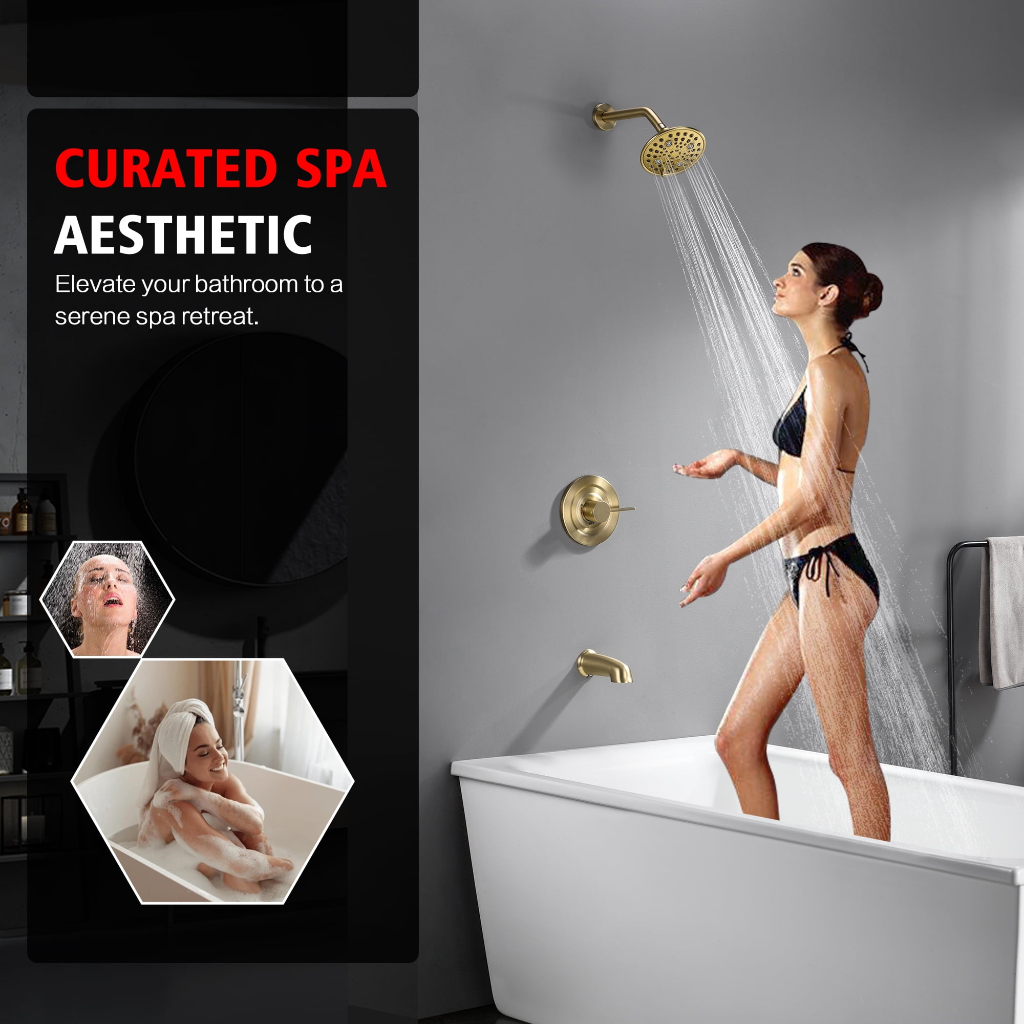 sumerain Brushed Gold Tub Shower Faucet Set Complete, Shower and Tub Fixture with Rainfall Shower Head and Tub Spout