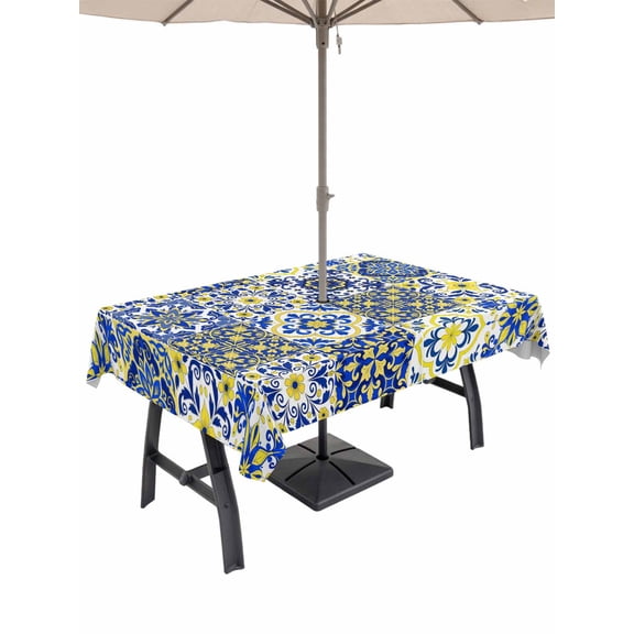 Outdoor Tablecloth with Umbrella Hole and Zipper, Middle Century Rectangle Table Cloth 52x70 Inch Waterproof Tablecloth, Vintage Farmhouse Bohemia Style Blue Picnic Table Cover for Patio Camping