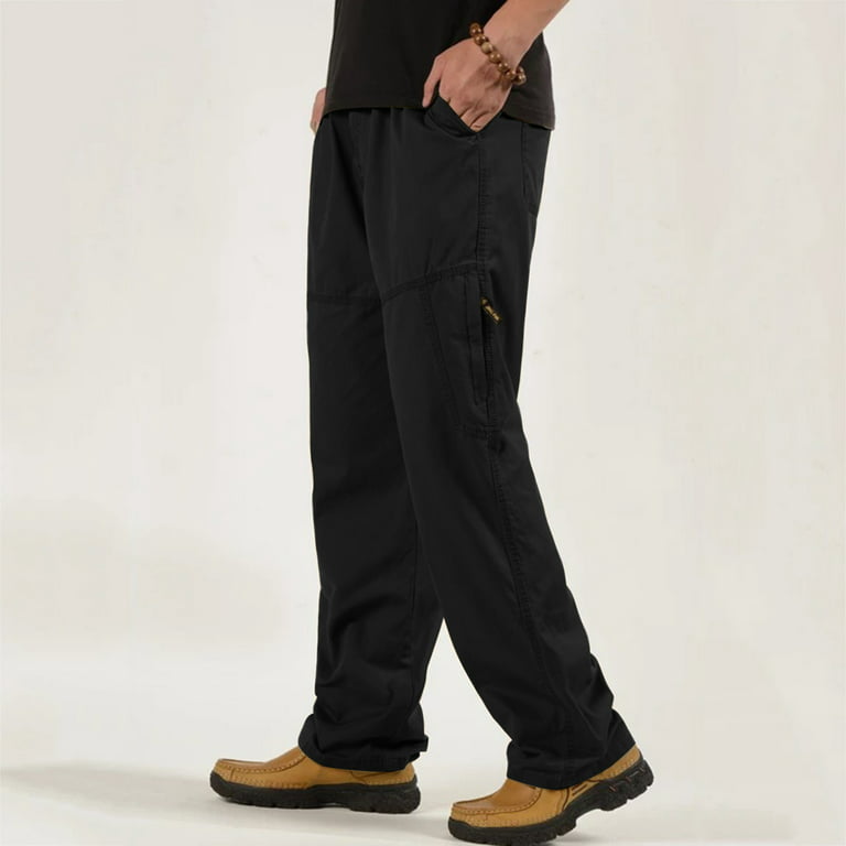 Black Cargo Pants Mens Fashion Casual Loose Cotton Plus Size Pocket Lace Up Elastic  Waist Pants Trousers 