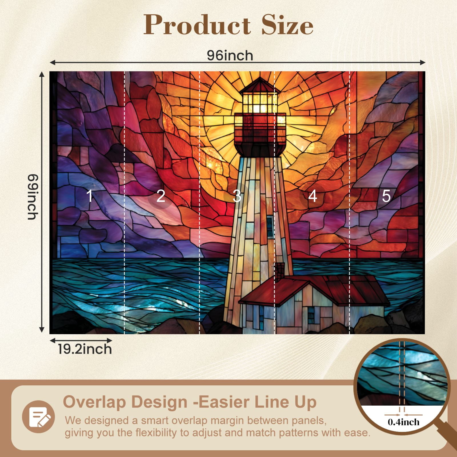 Wallpaper Lighthouse Themed Stained Glass Window Panel Peel and Stick Wall Murals 69"H x 96"W Removable PVC Wall Paper Self-Adhesive Wall Paintings Art Decor for Bedroom Living Room