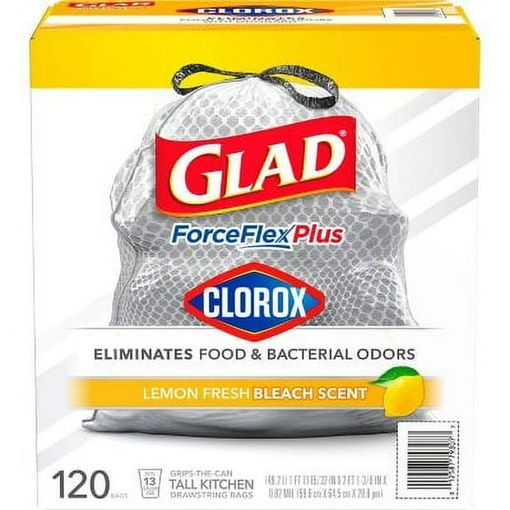 Glad Tall Kitchen Drawstring Grey Trash Bags  ForceFlex Plus With Clorox, Lemon Fresh Bleach Scent (13 gal., 120 ct.