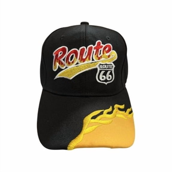 Route 66 Baseball Cap - Flames - Black & Yellow Color - Uni-Sex Style  -- FREE  USA  Shipping--(7508-130B)