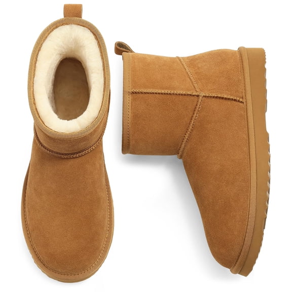 Crestar Genuine Suede Mini Boots for Women, Fur-Lined Winter Comfort Snow Short Booties, Chestnut