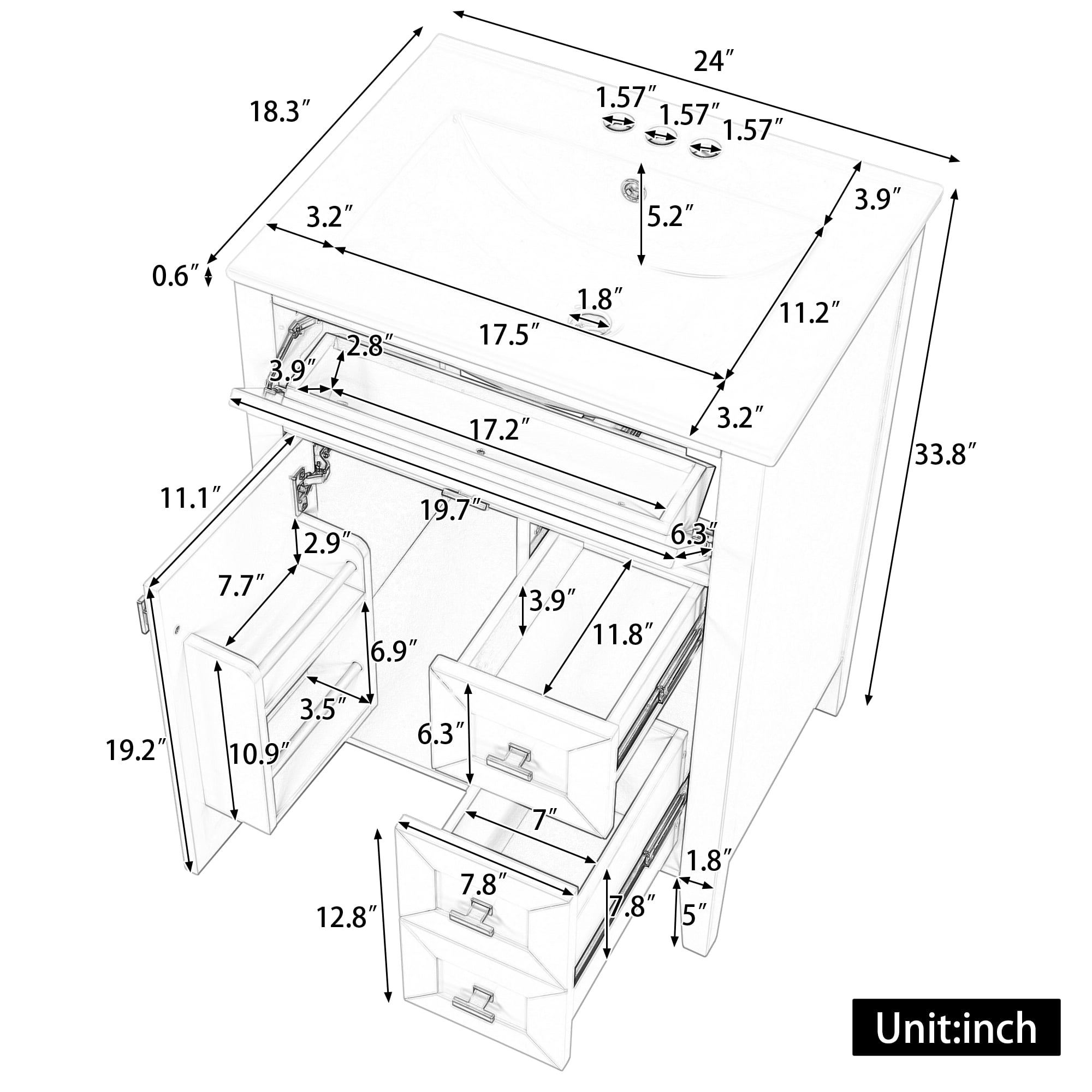 24" Bathroom Vanity with Sink, MDF & Rubberwood Construction, 3 Drawers & Cabinet with 2-Tier Door Storage Rack, Soft-Close Door & Drawers, Modern Design for Small to Medium Bathrooms