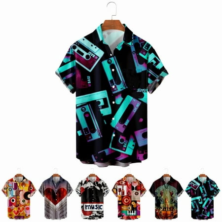 

LANLIN Music Festival Youth Adult Casual Button Down Short Sleeve Polo Shirts Regular Cheap Bowling Shirts for Boys 5-14 Years
