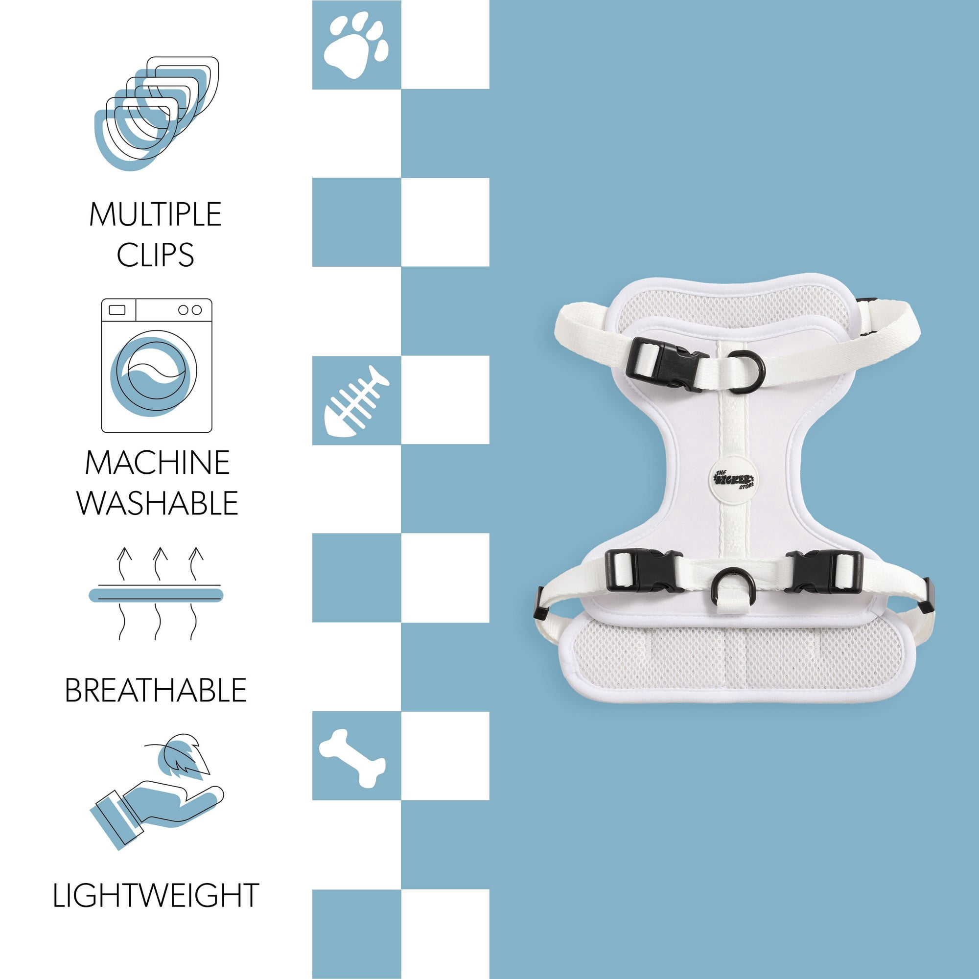 THE LICKER STORE Arlo Medium Adjustable Soft Padded No Pull Pet Harness with 3 Buckles and 3 Leash Clips, White, HNS1002F