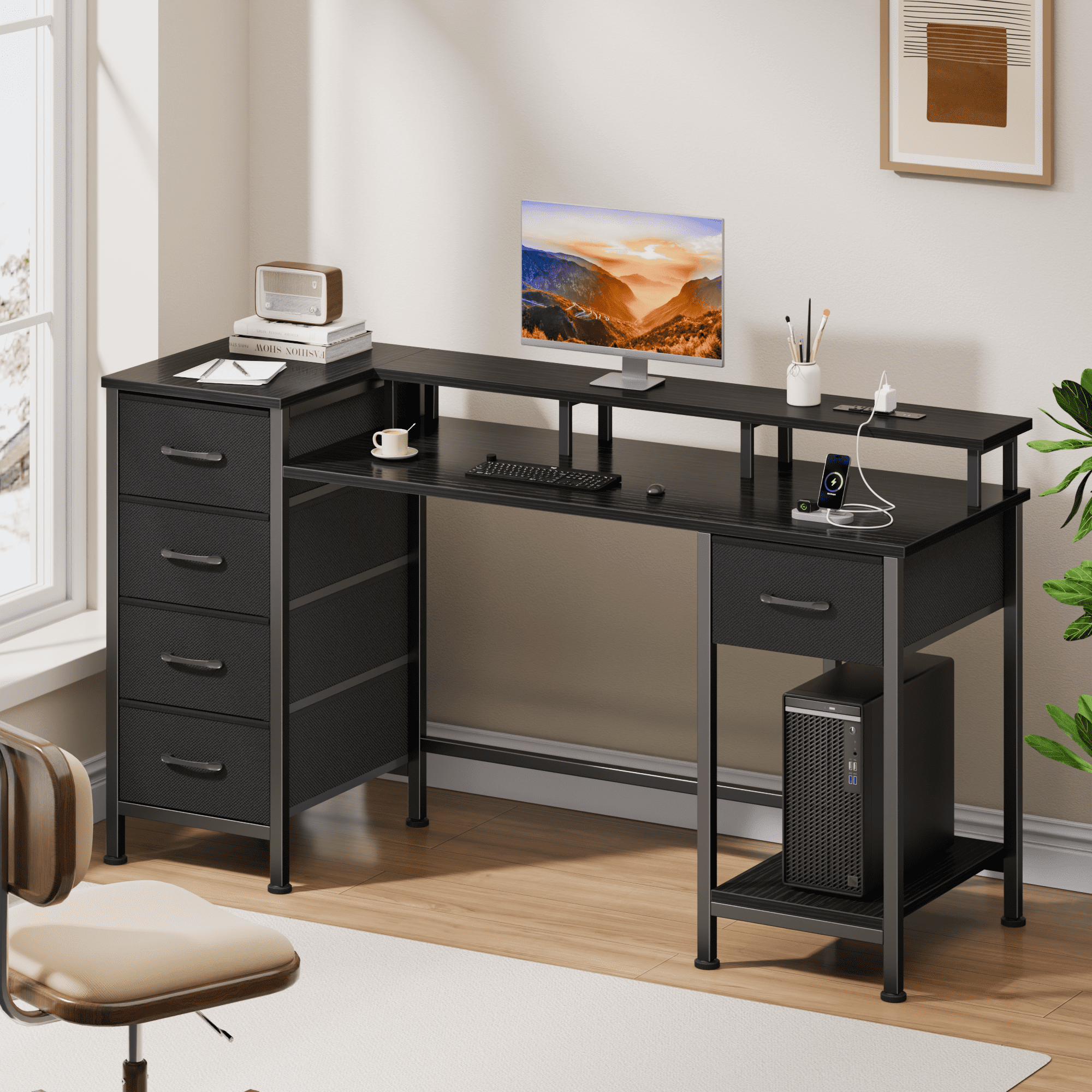 Satifur Gaming Desk with LED Lights & Power Outlets, 47" Computer Desk with 5 Fabric Drawers & Open Storage, Reversible Home Office Desk,Black