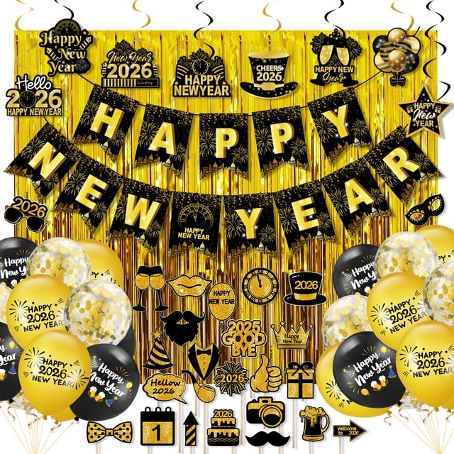 Set de decoración para fiestas, 68 piezas, feliz año nuevo 2026, negro/dorado
