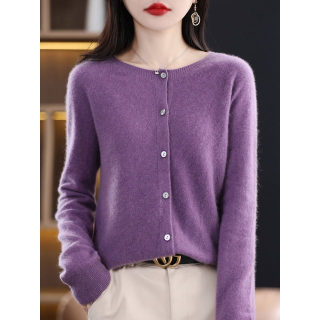 Addonee Women 100% Merino Wool Sweater Cashmere O-neck Cardigan Raglan Sleeve Classical Knitwear Solid Fashion Basic Clothing