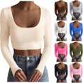 thumbnail image 2 of Womens Solid Square Neck Ribbed Long Sleeve Crop Top,Slim Fit Basic Tee, 2 of 6