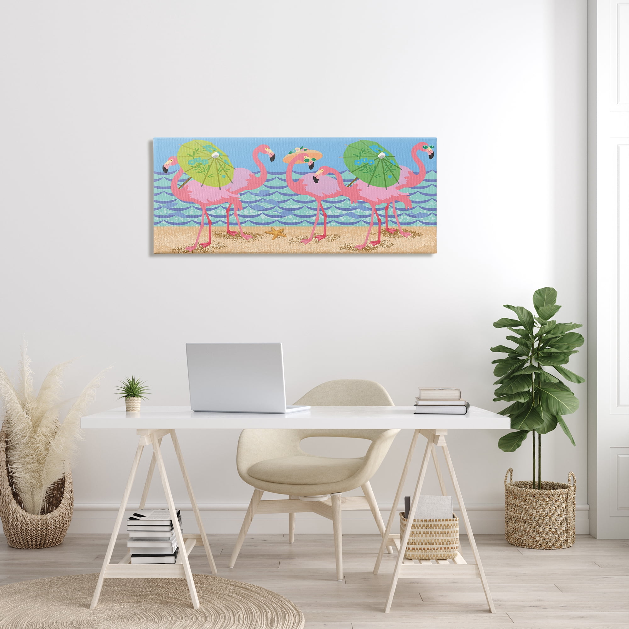 Stupell Industries Pink Flamingos with Floral Umbrellas Beach Waves, 20 x 48, Designed by Sally Springer Griffith