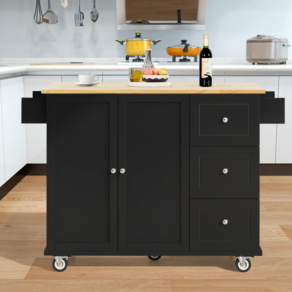 Black Kitchen Utility Cart with Storage, Rolling Island Table for