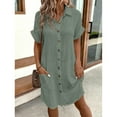 thumbnail image 3 of Vintage Women Solid Mini Dress Summer Fashion V-neck Three Quater Sleeve Cotton Linen Dress Ladies Casual Holiday Vestidos, 3 of 9