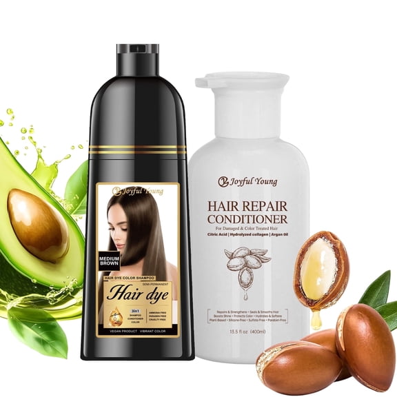 3-in-1 Natural Hair Dye Shampoo & Hair Repair Conditioner Bundle - Gray Coverage & Deep Moisture - Vegan, Sulfate-Free, Color-Safe - Argan Oil, Collagen - 2x400ml (MEDIUM BROWN)