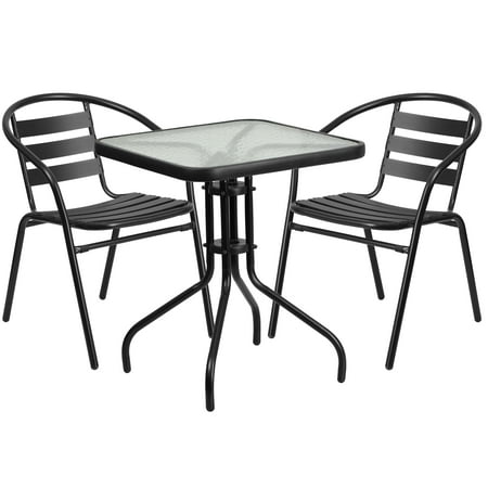 Clearance Outdoor Furniture Walmart Flash Furniture 23.5'' Square Glass Metal Table with 2 Black Metal Aluminum Slat Stack Chairs ()
