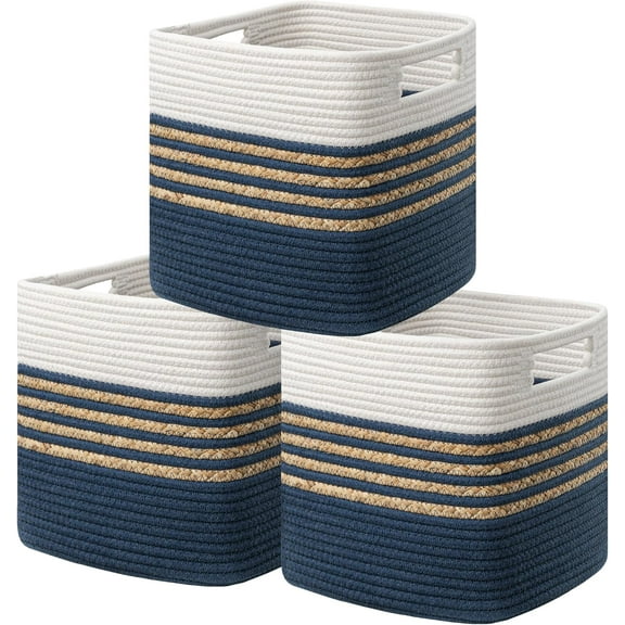 Set of 3 Storage Cubes 13 X 13 X 13 in, Water Hyacinth Storage Bins for Shelves, Toys, Book, Storage Baskets with Handles, Cotton Rope Woven Baskets for Organizing, Blue
