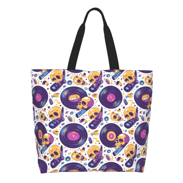 Disketp record rock Skull star Bolsa Tote Estampada para Mujer, Bolso de Hombro y de Mano para Compras y Viajes