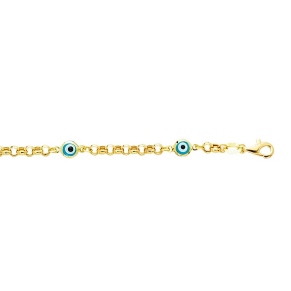 JewelStop 14K Yellow Gold Shiny Rolo Link Chain Station Evil Eye Bracelet with Pear S hape Clasp