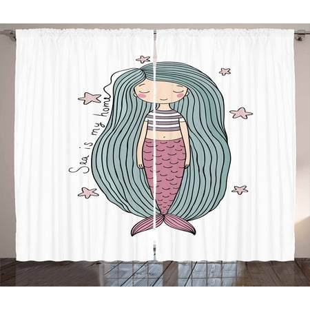 Strand Curtains Mermaid Curtains 2 Panels Set, Sea is My Home Quote Written in Strand of Hair Girl Sleeping with Stars, Window Drapes for Living Room Bedroom, 108W X 63L Inches, Pink Lilac Slate Blue, by Ambesonne ()