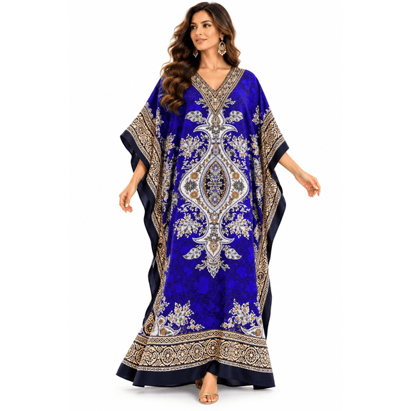 UNIQUE KAFTANS Women's V-Neck Kimono Long Caftan Dress Blue One Size