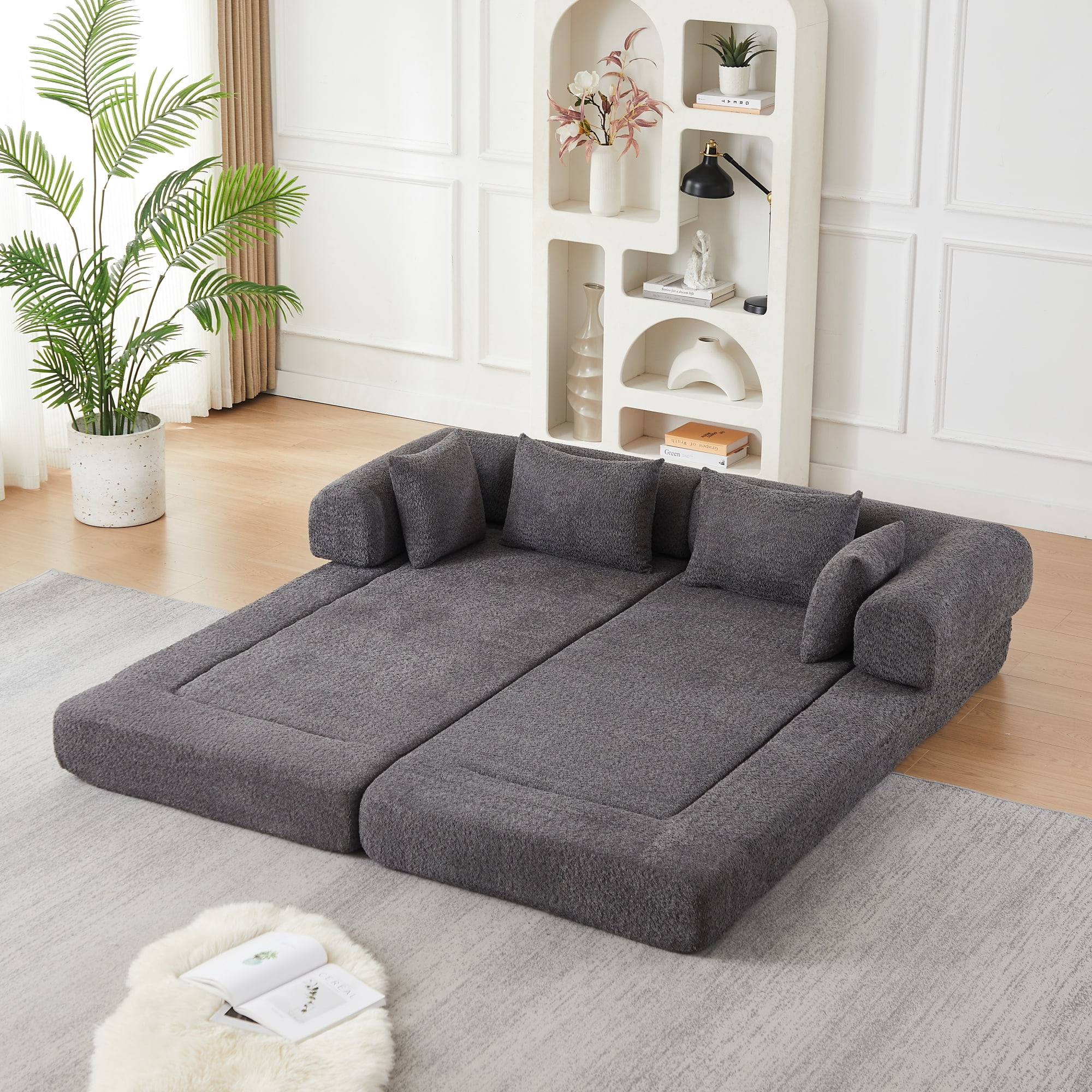 78.9inch Convertible Sleeper Sofa,Chenille Folding Mattress Sofa with DIY Removable Armrests,Floor Standing Lounge Sofa for Living Room Bedroom Small Space,Grey