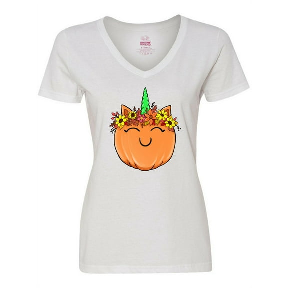 Inktastic Pumpkin Unicorn for Halloween and Thanksgiving Women's V-Neck T-Shirt
