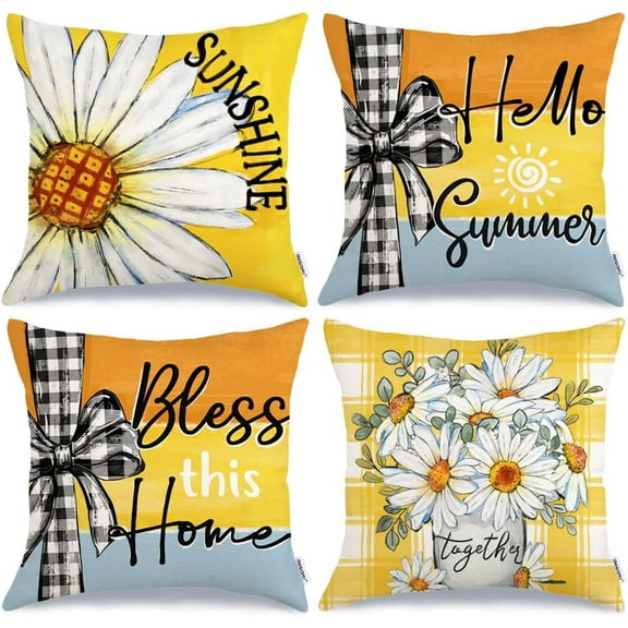 Hello Summer Throw Pillow Covers 18x18 Inch Set of 4, Bless This Home Floral Daisy Mason Jar Sunshine Yellow Farmhouse Decorative Pillow Cases for Home Sofa Couch Decoration G522-18