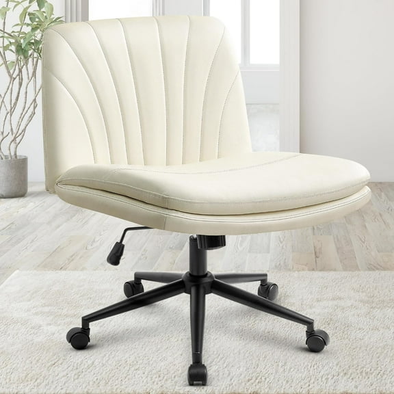 XPOPR Criss Cross Chair with Wheels Comfy Wide Vanity Desk Chair Dual Base Leather Armless Adjustable Swivel for Home Computer Task (Beige)