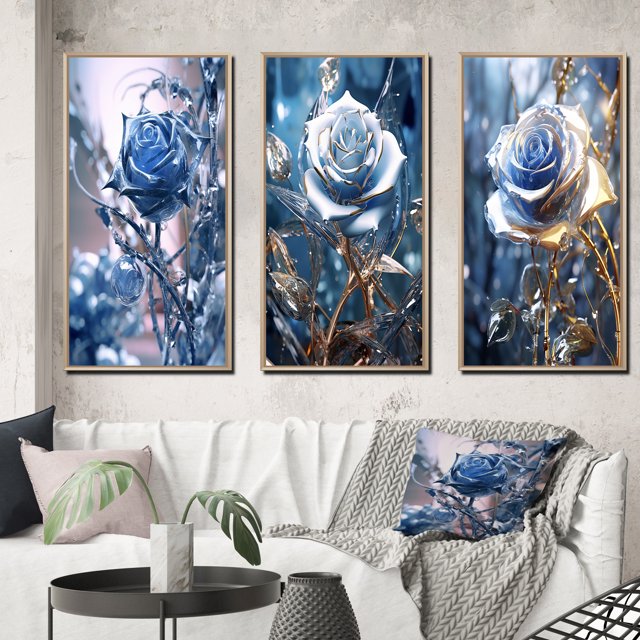 Designart "Gilded Blue Rose Shining in Morning Light II" Rose Framed Wall Art Set Of 3 - Blue Traditional Frame Canvas Set For Living Room Decor