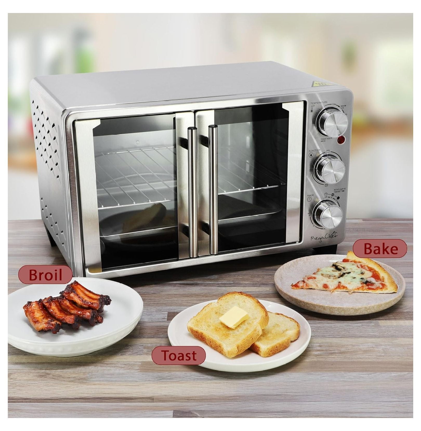 26.4 Quart French Door Multi-Function Stainless Steel Electric Toaster Oven with Temperature & Timer Control and Broil, Bake & Toast Functions
