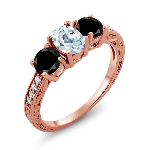 Gem Stone King 1.97 Ct Oval Sky Blue Aquamarine Black Diamond 18K Rose Gold Plated Silver Moissanite Ring (Size 8)