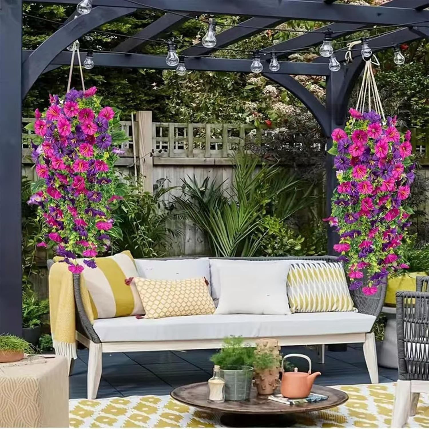 Hanging Morning Glory Artificial Flowers, Colorful Realistic Fake Petunias, Uv Resistant Wall Hanging Artificial Morning Glory with Vines for Decoration Outside Indoor Porch Yard