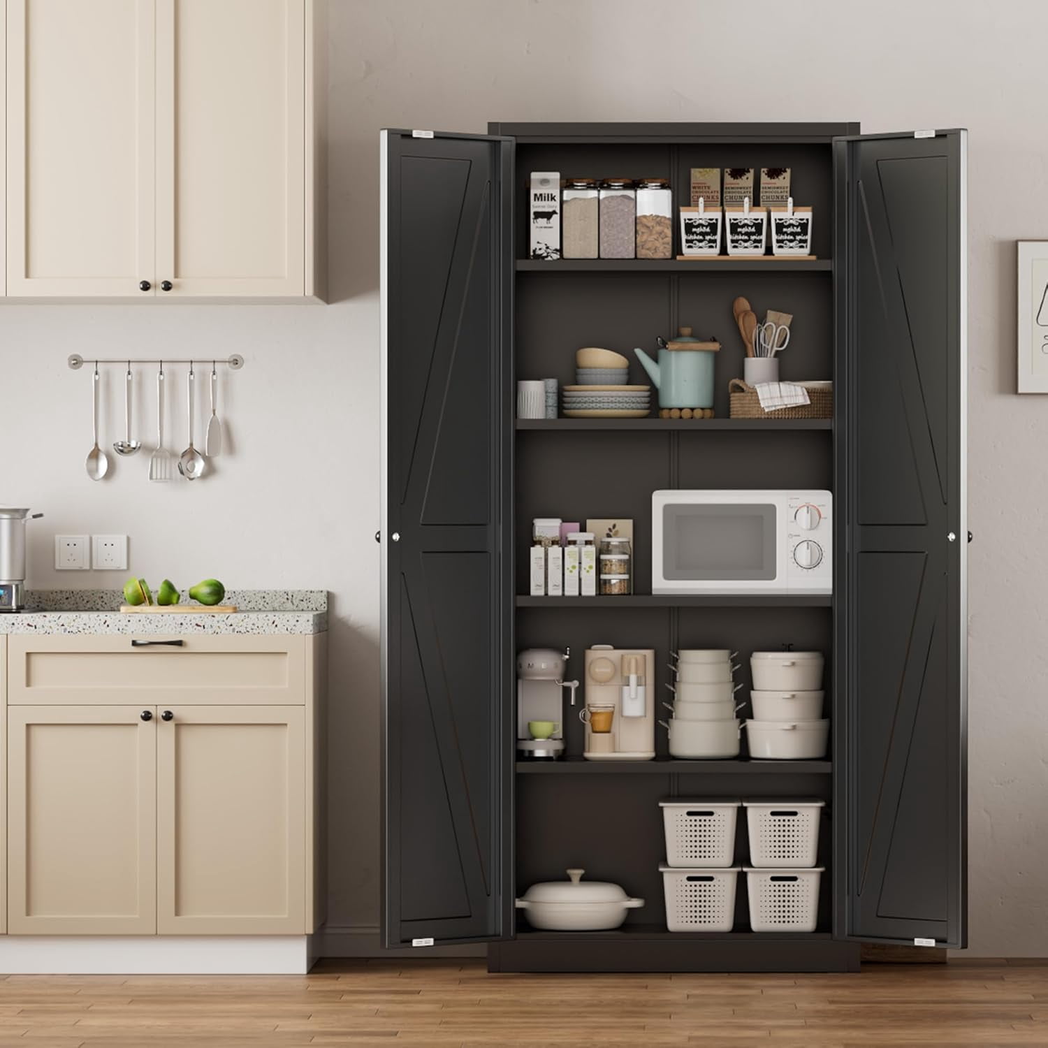 SOLAURA 63" H Farmhouse Metal Kitchen Pantry Cabinet, Pantry Storage Cabinets with 2 Barn Doors and 4 Adjustable Shelves for Kitchen, Living Room, Bedroom, Dining Room, Home(Black)