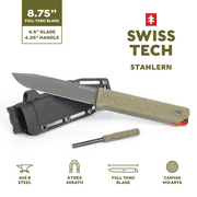 Swiss Tech 8.75" Full Tang Fixed Blade Knife with Sheath and Rod, 4.5" Steel Blade, Olive