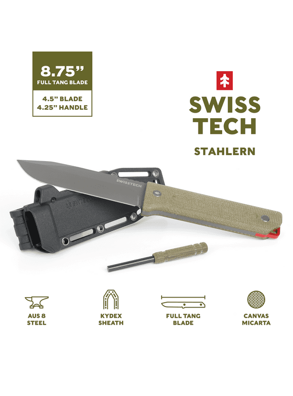 Swiss Tech 8.75" Full Tang Fixed Blade Knife with Sheath and Rod, 4.5" Steel Blade, Olive